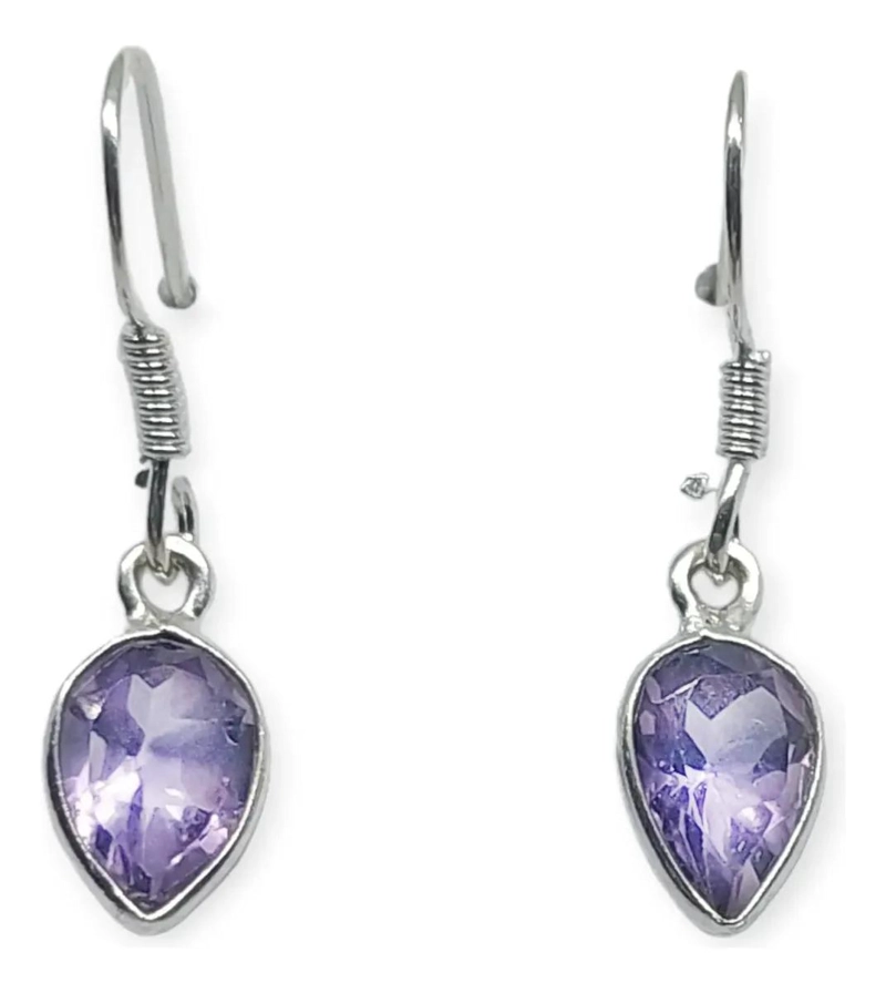 AROS GOTA CON AMATISTA FACETADA Y GANCHO DE PLATA FINA 925 - 1