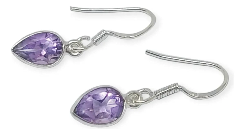 AROS GOTA CON AMATISTA FACETADA Y GANCHO DE PLATA FINA 925 - 2