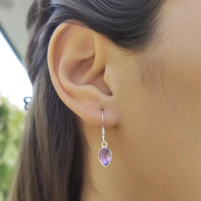AROS GOTA CON AMATISTA FACETADA Y GANCHO DE PLATA FINA 925 - 3