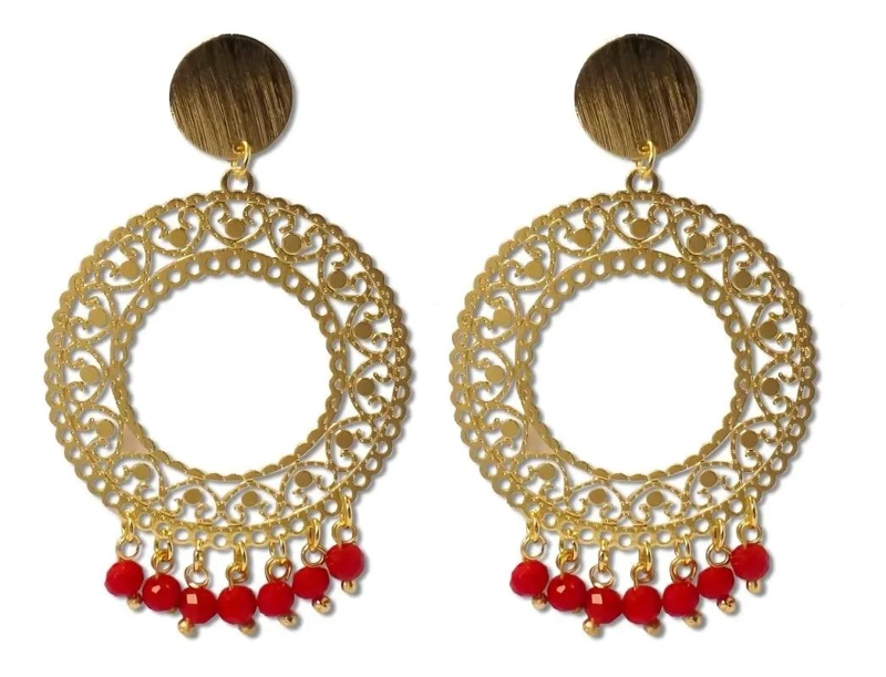 AROS CON DISEÑO MANDALA EN CRISTAL ROJO Y BAÑO DE ORO 18K - 1