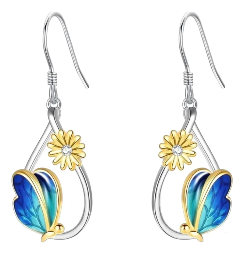 AROS DE PLATA 925 CON DISEÑO DE MARIPOSA, MARGARITA Y PERLA - 1