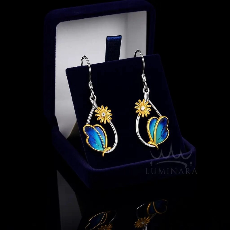 AROS DE PLATA 925 CON DISEÑO DE MARIPOSA, MARGARITA Y PERLA - 3