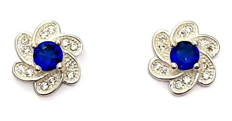 AROS CON DISEÑO DE FLOR Y CIRCON AZUL EN PLATA FINA 925 - 1
