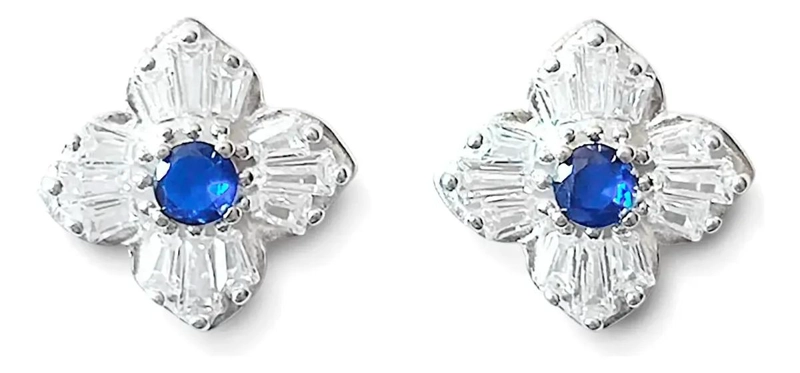AROS DE PLATA FINA 925 CON DISEÑO DE TRE BOL Y CIRCONES AZUL Y BLANCO - 1