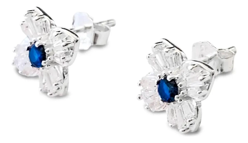 AROS DE PLATA FINA 925 CON DISEÑO DE TRE BOL Y CIRCONES AZUL Y BLANCO - 2