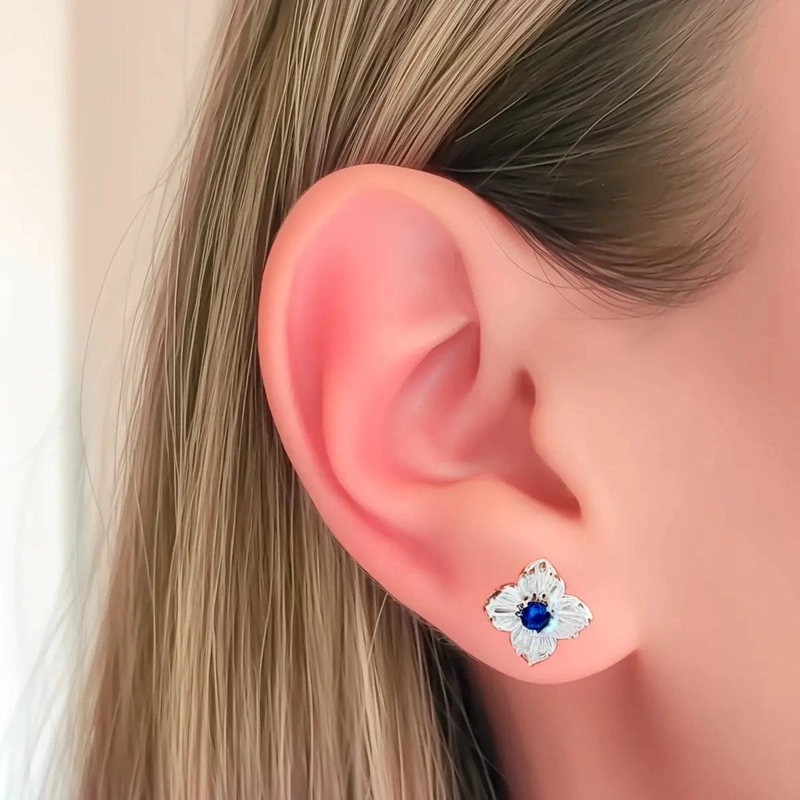 AROS DE PLATA FINA 925 CON DISEÑO DE TRE BOL Y CIRCONES AZUL Y BLANCO - 3