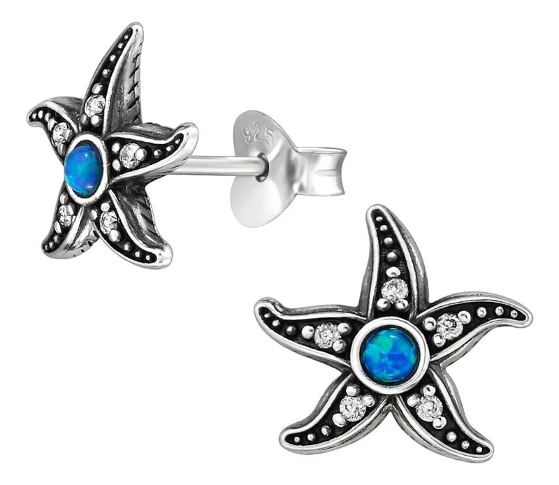 PENDIENTES DE PLATA 925 CON OPALO AZUL Y DISEÑO DE ESTRELLA DE MAR - 1
