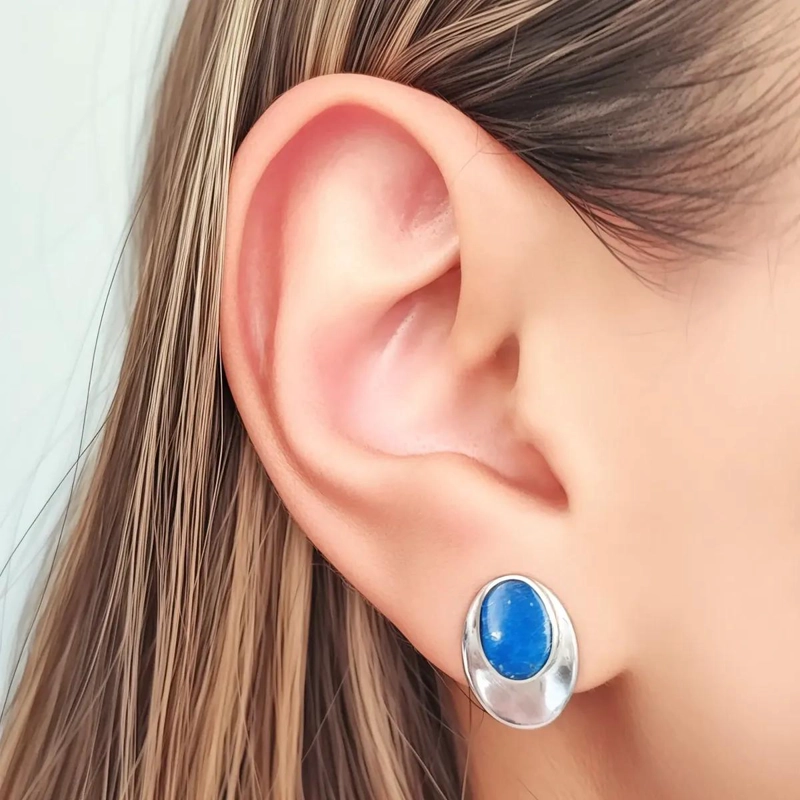 AROS OVALADOS CON LAPISLAZULI Y PLATA FINA 925 CONCAVOS - 3