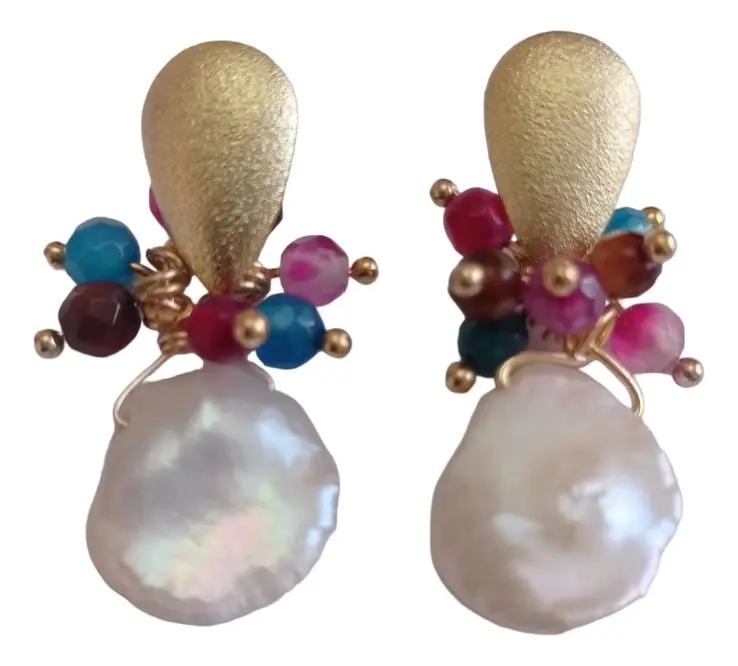 AROS DE PERLA BARROCA CON BAÑO DE ORO Y PIEDRAS DE COLORES HECHOS A MANO - 1