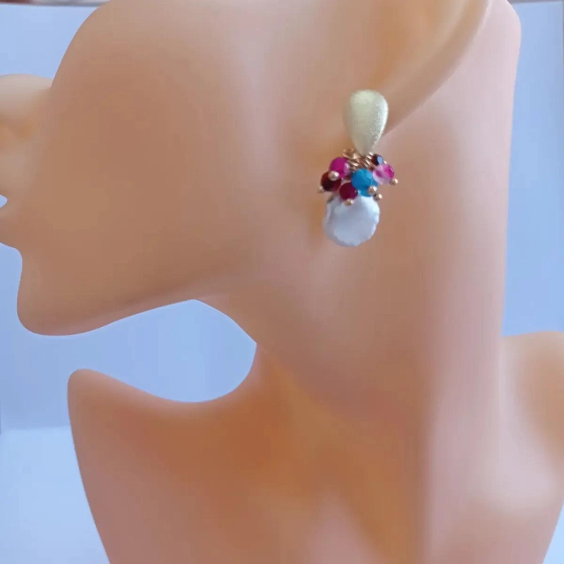 AROS DE PERLA BARROCA CON BAÑO DE ORO Y PIEDRAS DE COLORES HECHOS A MANO - 5