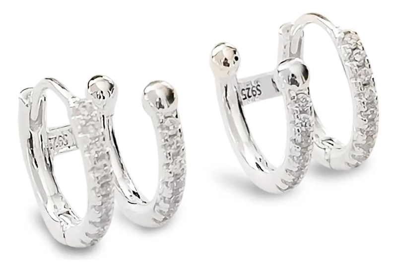 AROS ARGOLLA DOBLE CON CINTILLO Y CIRCON BLANCO EN PLATA FINA 925 - 1
