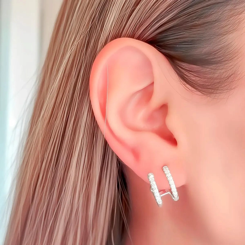 AROS ARGOLLA DOBLE CON CINTILLO Y CIRCON BLANCO EN PLATA FINA 925 - 3