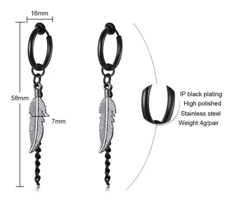 PAR DE AROS CON DISEÑO DE PLUMA Y CADENA SIN NECESIDAD DE PERFORACION - 1