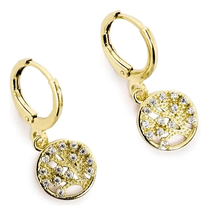 AROS ARGOLLA ARBOL DE LA VIDA CON CIRCON BLANCO Y BAÑO EN ORO 18K - 1