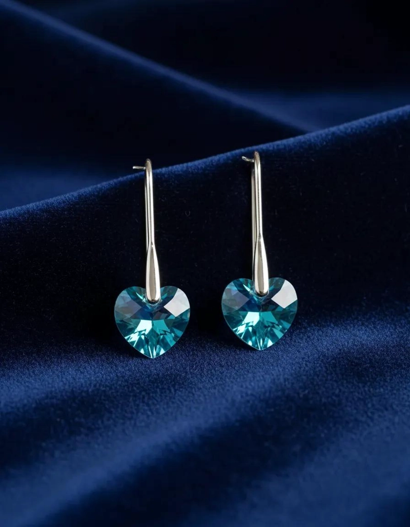 AROS DE PLATA 925 CON CRISTAL AGUAMARINA EN FORMA DE CORAZON - 2