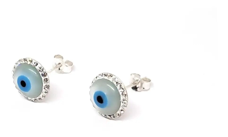 AROS CON DISEÑO DE OJOS TURCOS EN NACAR Y STRASS DE 10MM EN PLATA FINA 925 - 1