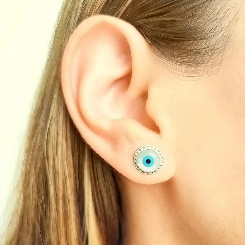 AROS CON DISEÑO DE OJOS TURCOS EN NACAR Y STRASS DE 10MM EN PLATA FINA 925 - 3