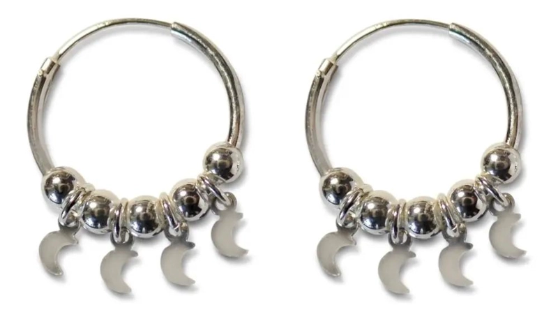 AROS ARGOLLA CON CUATRO LUNAS COLGANTES EN PLATA FINA 925 - 1