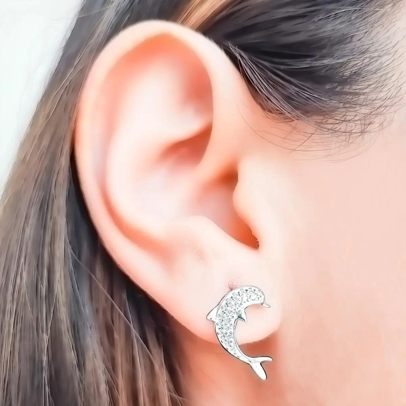 AROS CON DISEÑO DE DELFIN Y CIRCONES EN PLATA FINA 925 - 2