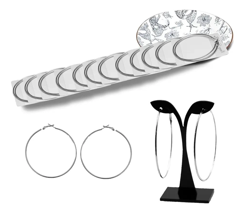 JUEGO DE 12 PARES DE AROS ARGOLLA PLATEADOS DE FANTASIA DE 70 MM - 1