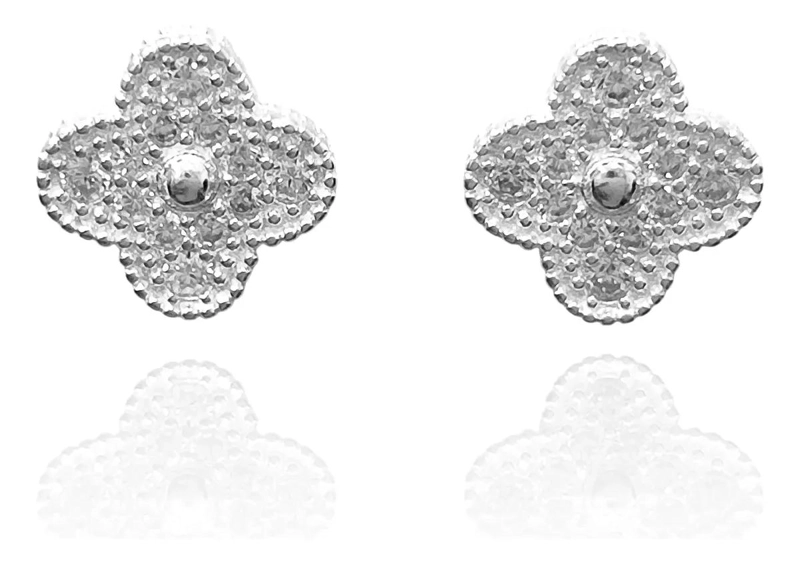AROS DE PLATA 925 CON DISEÑO DE TRE BOL DE 4 HOJAS Y CIRCON BLANCO - 1