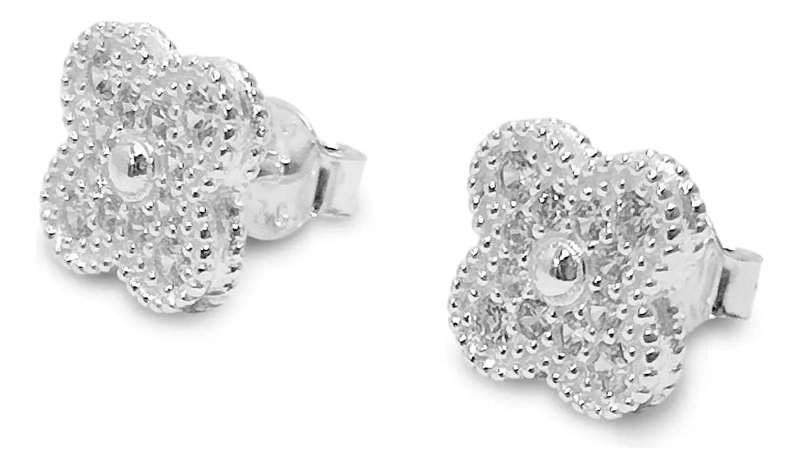 AROS DE PLATA 925 CON DISEÑO DE TRE BOL DE 4 HOJAS Y CIRCON BLANCO - 2