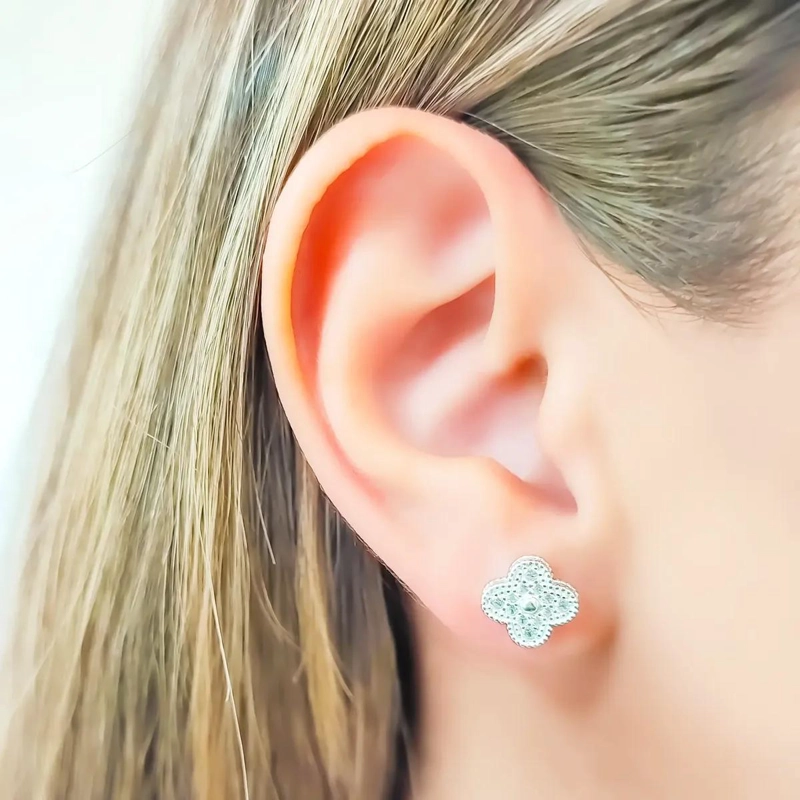 AROS DE PLATA 925 CON DISEÑO DE TRE BOL DE 4 HOJAS Y CIRCON BLANCO - 3