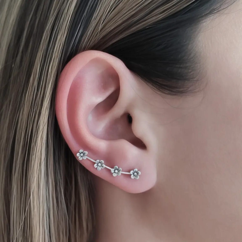 AROS TREPADORES CON DISEÑO DE CUATRO FLORES EN PLATA FINA 925 - 3