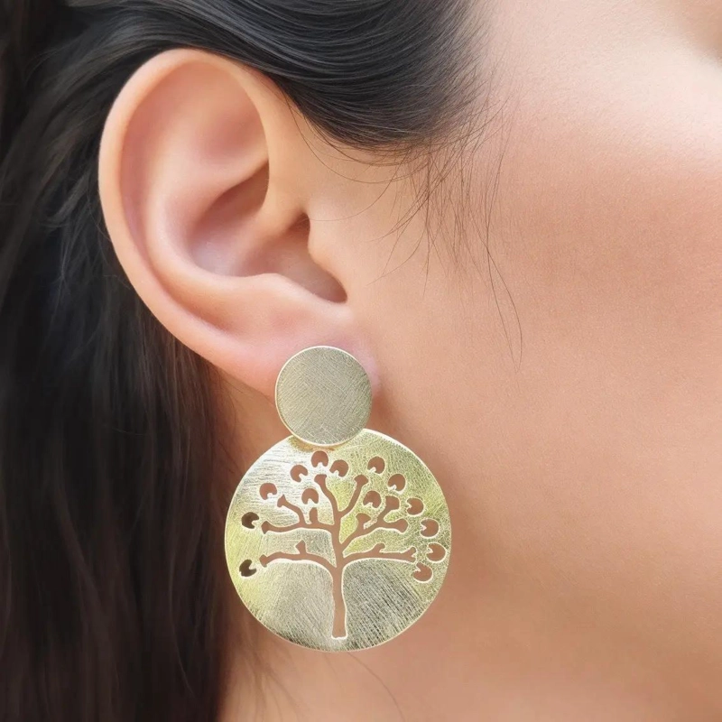 AROS CON DISEÑO DE ARBOL DE LA VIDA ENCHAPADOS EN ORO 18K - 3