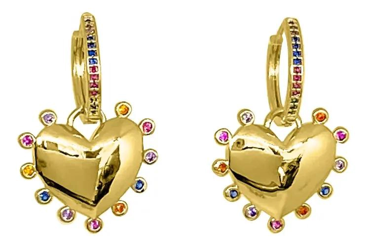 ARGOLLAS CON COLGANTE DE CORAZON Y CIRCONES DE COLORES ENCHAPADAS EN ORO - 1