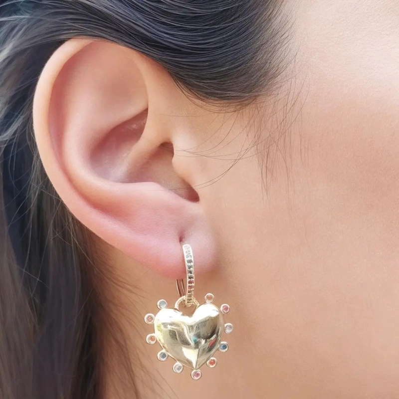 ARGOLLAS CON COLGANTE DE CORAZON Y CIRCONES DE COLORES ENCHAPADAS EN ORO - 3