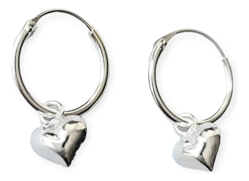 AROS ARGOLLA PEQUEÑOS CON COLGANTE DE CORAZON EN PLATA FINA 925 - 1