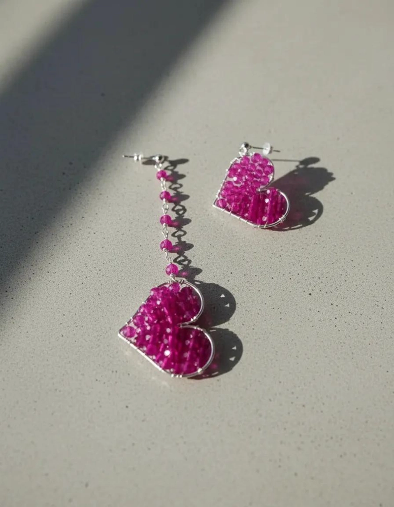 AROS ASIME TRICOS DE PLATA CON CORAZONES Y PIEDRAS FUCSIA - 1