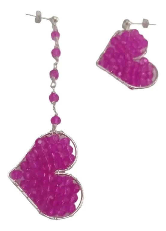 AROS ASIME TRICOS DE PLATA CON CORAZONES Y PIEDRAS FUCSIA - 2