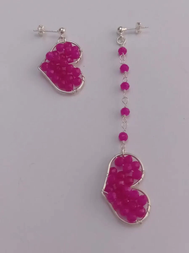 AROS ASIME TRICOS DE PLATA CON CORAZONES Y PIEDRAS FUCSIA - 5