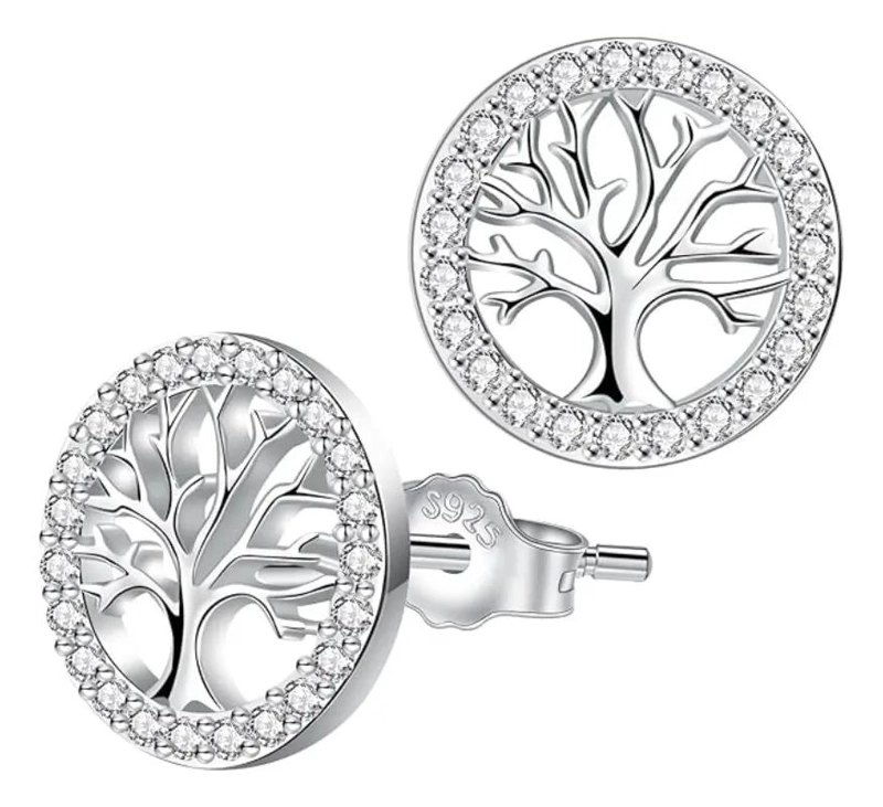 AROS DE PLATA CON DISEÑO ARBOL DE LA VIDA Y CIRCONITAS BRILLANTES - 1