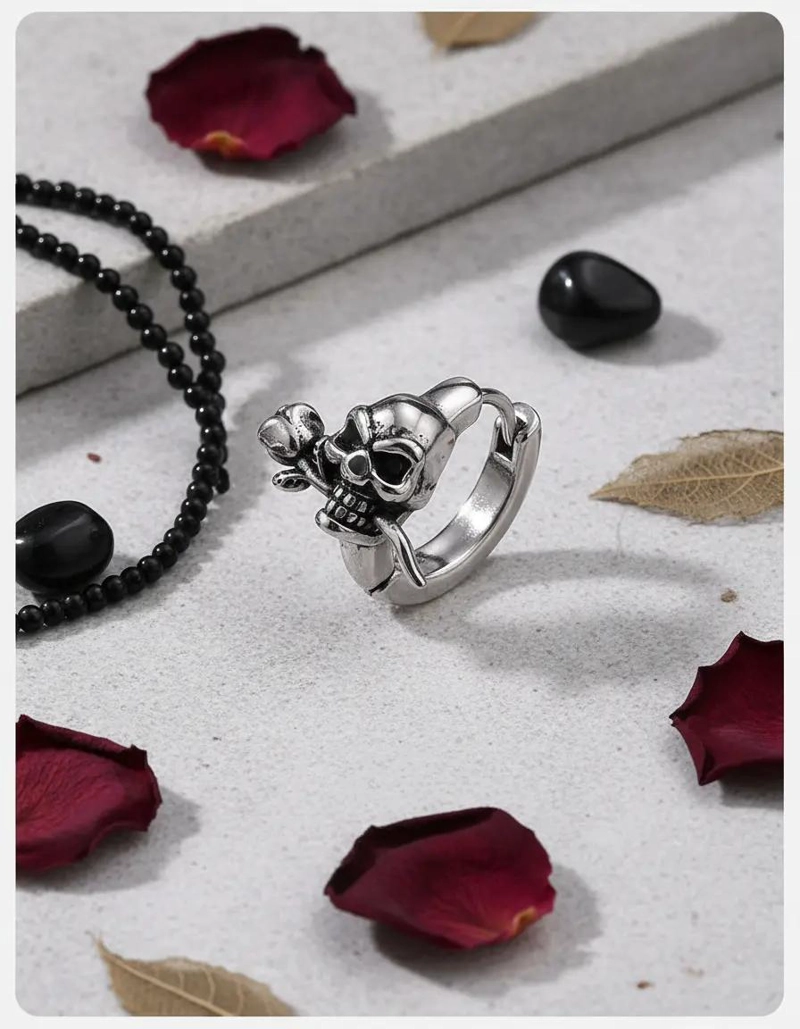 AROS ESTILO PUNK CON DISEÑO DE CALAVERA Y ROSA PARA HOMBRE Y MUJER - 3