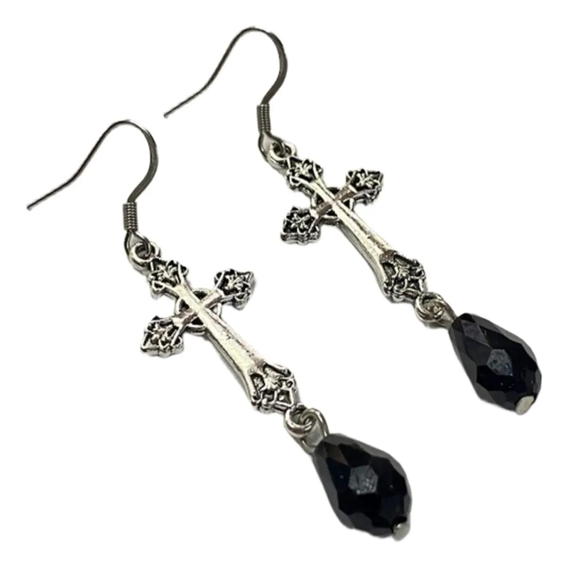 AROS CRUZ CELTA PLATEADA CON CRISTAL NEGRO POR PAR ELEGANTES - 1