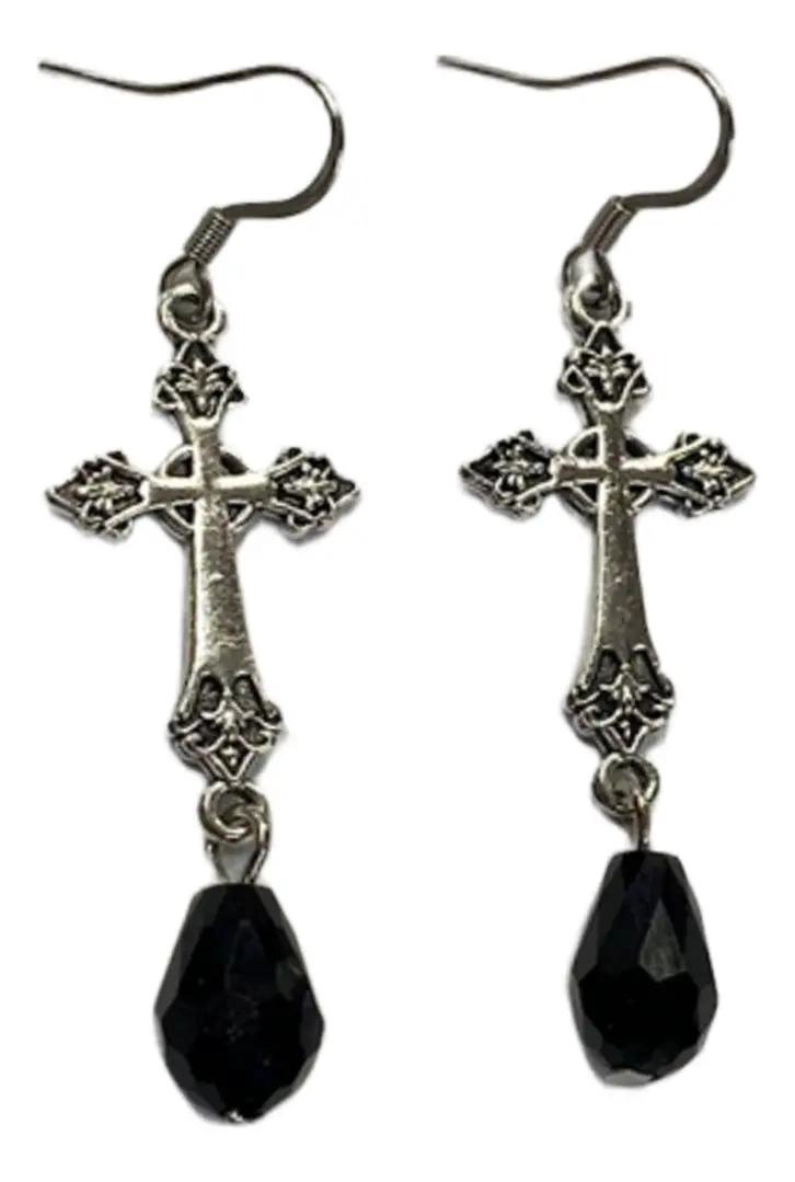 AROS CRUZ CELTA PLATEADA CON CRISTAL NEGRO POR PAR ELEGANTES - 2