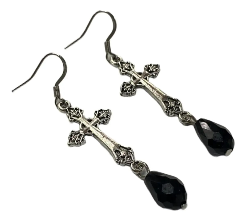 AROS CRUZ CELTA PLATEADA CON CRISTAL NEGRO POR PAR ELEGANTES - 3