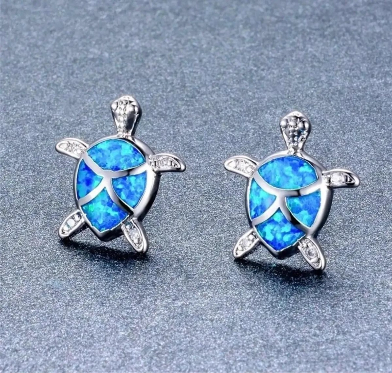 AROS CON DISEÑO DE TORTUGA Y OPALO AZUL EN PLATA 925 - 2