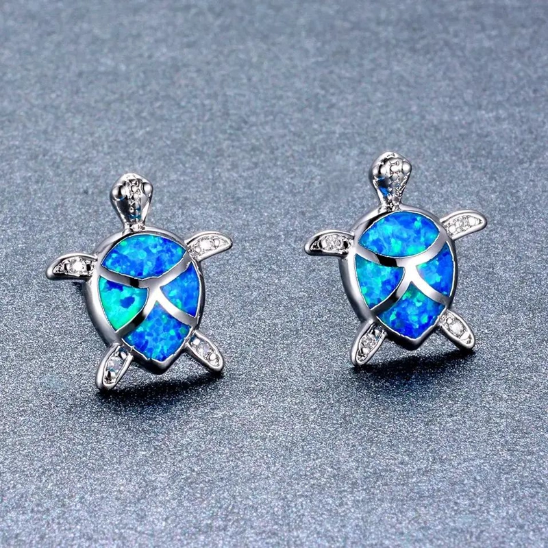AROS CON DISEÑO DE TORTUGA Y OPALO AZUL EN PLATA 925 - 3