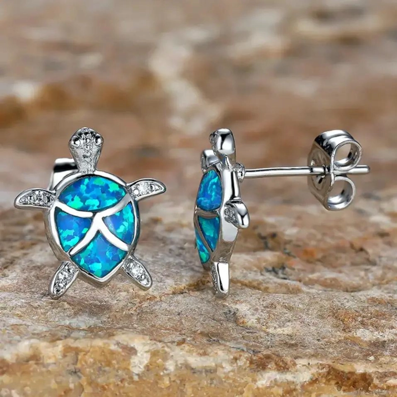 AROS CON DISEÑO DE TORTUGA Y OPALO AZUL EN PLATA 925 - 4