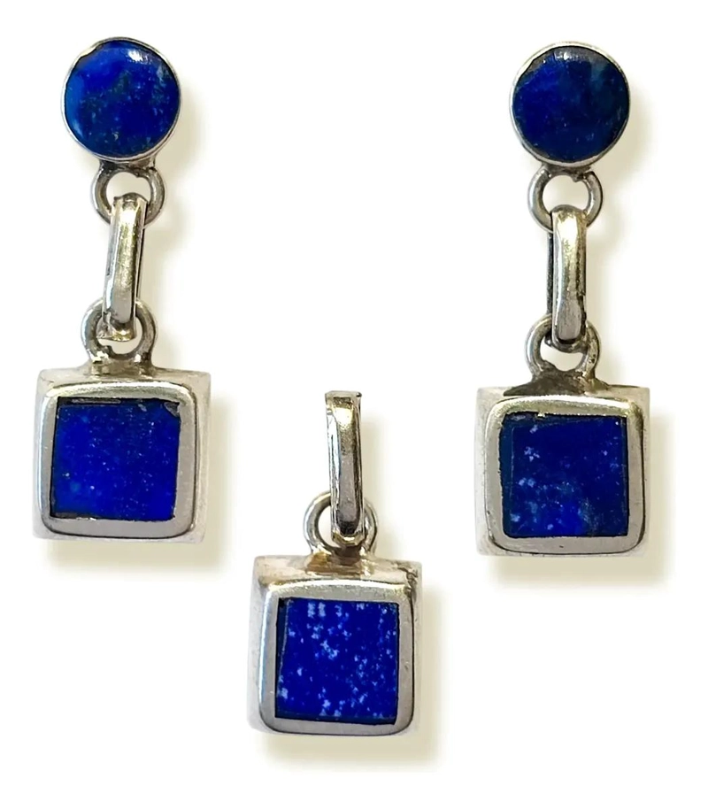 SET DE AROS Y COLGANTE CUADRADO LISO CON LAPISLAZULI EN PLATA FINA - 1
