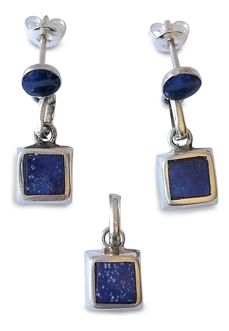SET DE AROS Y COLGANTE CUADRADO LISO CON LAPISLAZULI EN PLATA FINA - 2