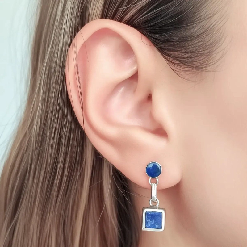 SET DE AROS Y COLGANTE CUADRADO LISO CON LAPISLAZULI EN PLATA FINA - 3