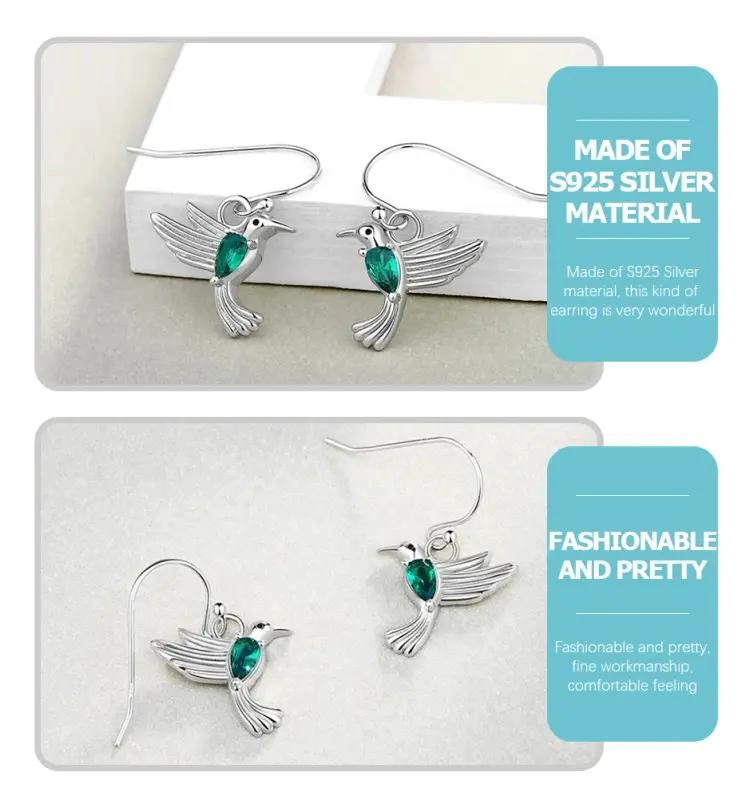 PENDIENTES DE PLATA LEY 925 CON DISEÑO DE COLIBRI PARA MUJER - 3
