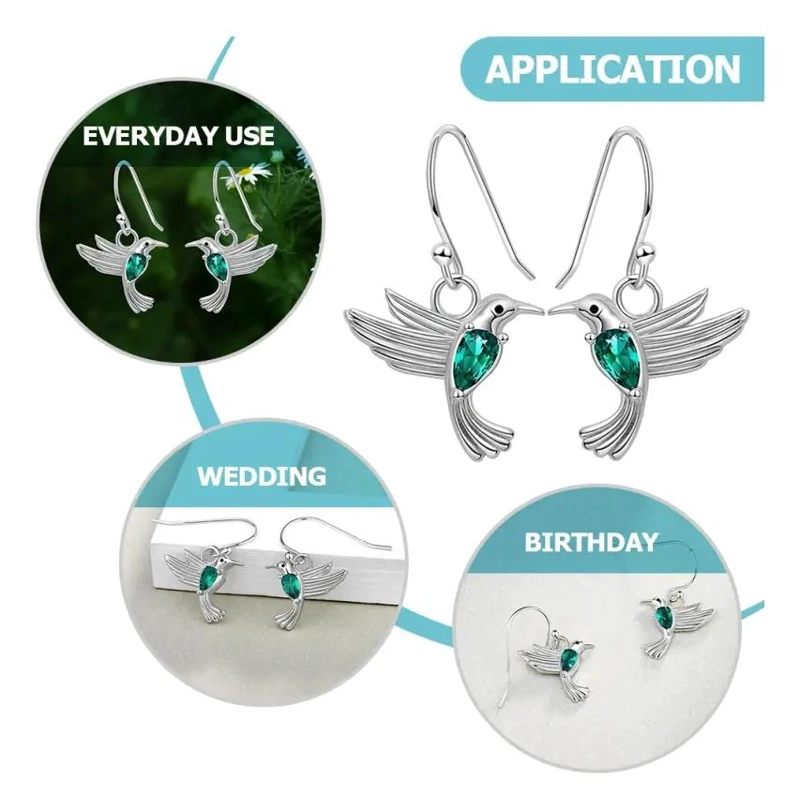 PENDIENTES DE PLATA LEY 925 CON DISEÑO DE COLIBRI PARA MUJER - 5