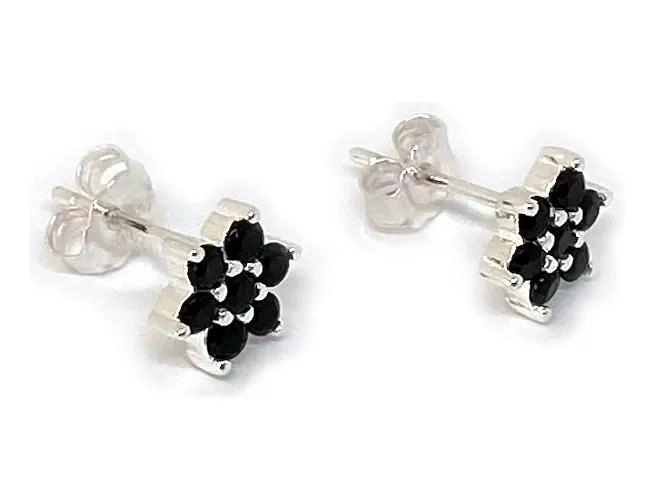 AROS CON DISEÑO DE FLOR Y CIRCON NEGRO EN PLATA FINA 925 - 2