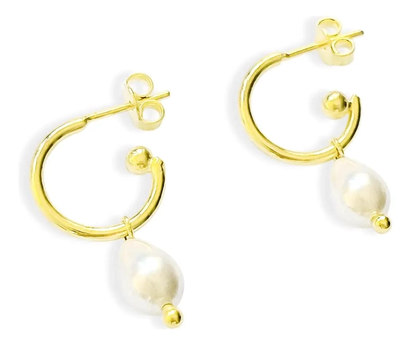 AROS ARGOLLA CON DISEÑO DE GOTA Y PERLA SHELLPEARL ENCHAPADO EN ORO 18K - 1
